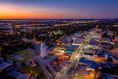 aerial view of downtown Broken Arrow as the sun sets in the west